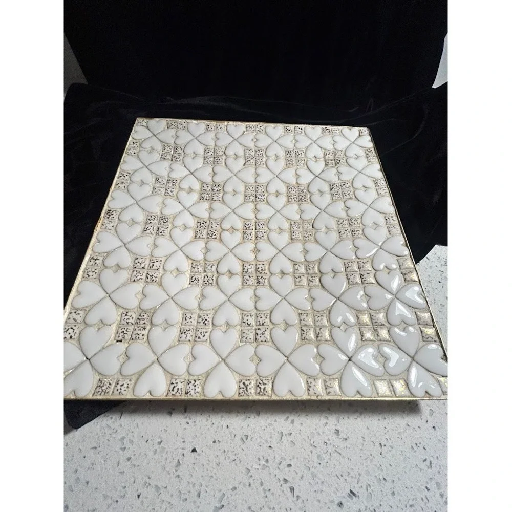 Mid Century Modern Mosaic‎ Heart Tray Gold Trim White Ceramic MCM